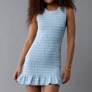 American Eagle Outfitters Dress Shirred AE Smocked Bodycon Mini Blue White S XS